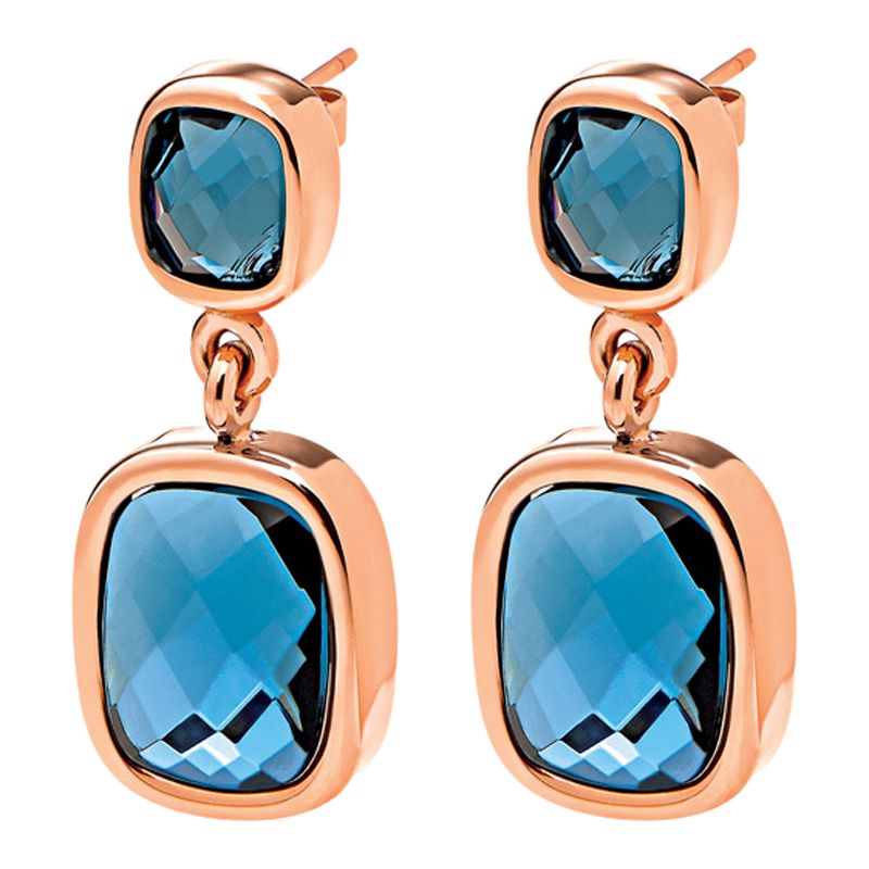 Folli Follie Elements Rose Gold Double Crystal Drop Earrings, Blue
