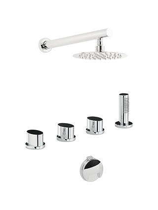 Abode Debut Thermostatic Deck Mounted 4 Hole Bath Overflow Filler Tap Kit with Wall Mounted Shower