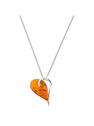 Be-Jewelled Sterling Silver Cognac Amber Heart Pendant Necklace, Orange