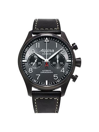 Alpina AL-860GB4FBS6 Men's Startimer Pilot Chronograph Blackstar Leather Strap Watch, Black/Dark Grey