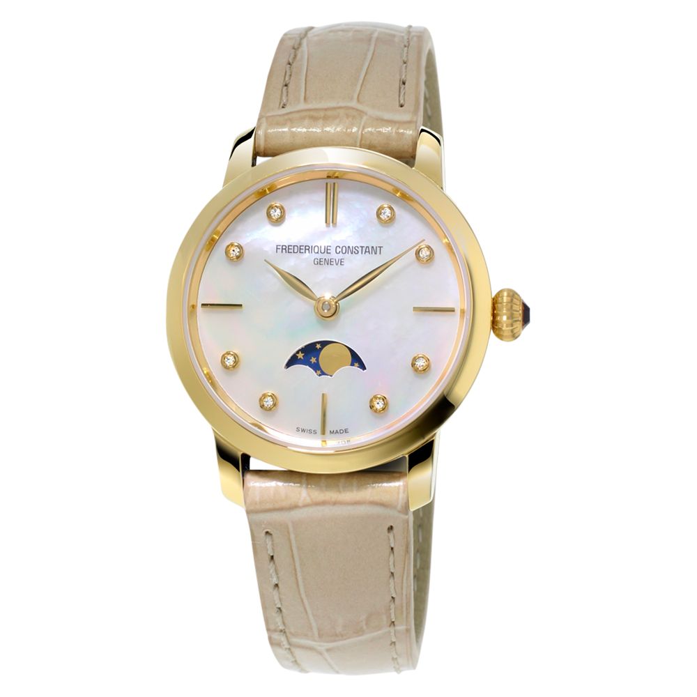 Frédérique Constant FC-206MPWD1S5 Women's Slim Line Moonphase Watch, Cream/Mother of Pearl