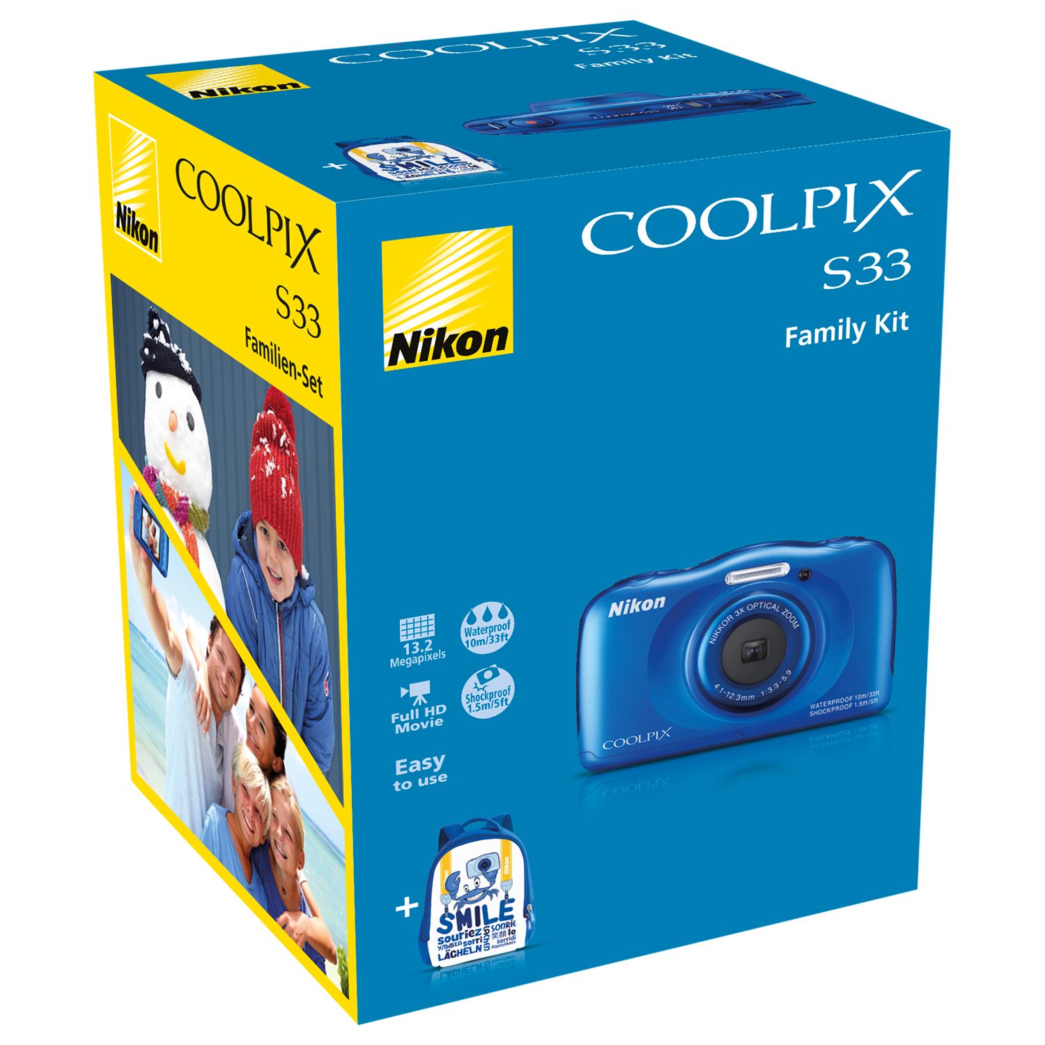 Nikon COOLPIX S33 Waterproof Compact Digital Camera, HD 1080p, 13.2MP, 3x Optical Zoom, 2.7" LCD Screen with Backpack