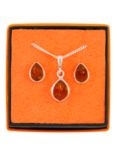 Be-Jewelled Sterling Silver Tear Drop Amber Pendant Necklace And Earrings Gift Set, Amber