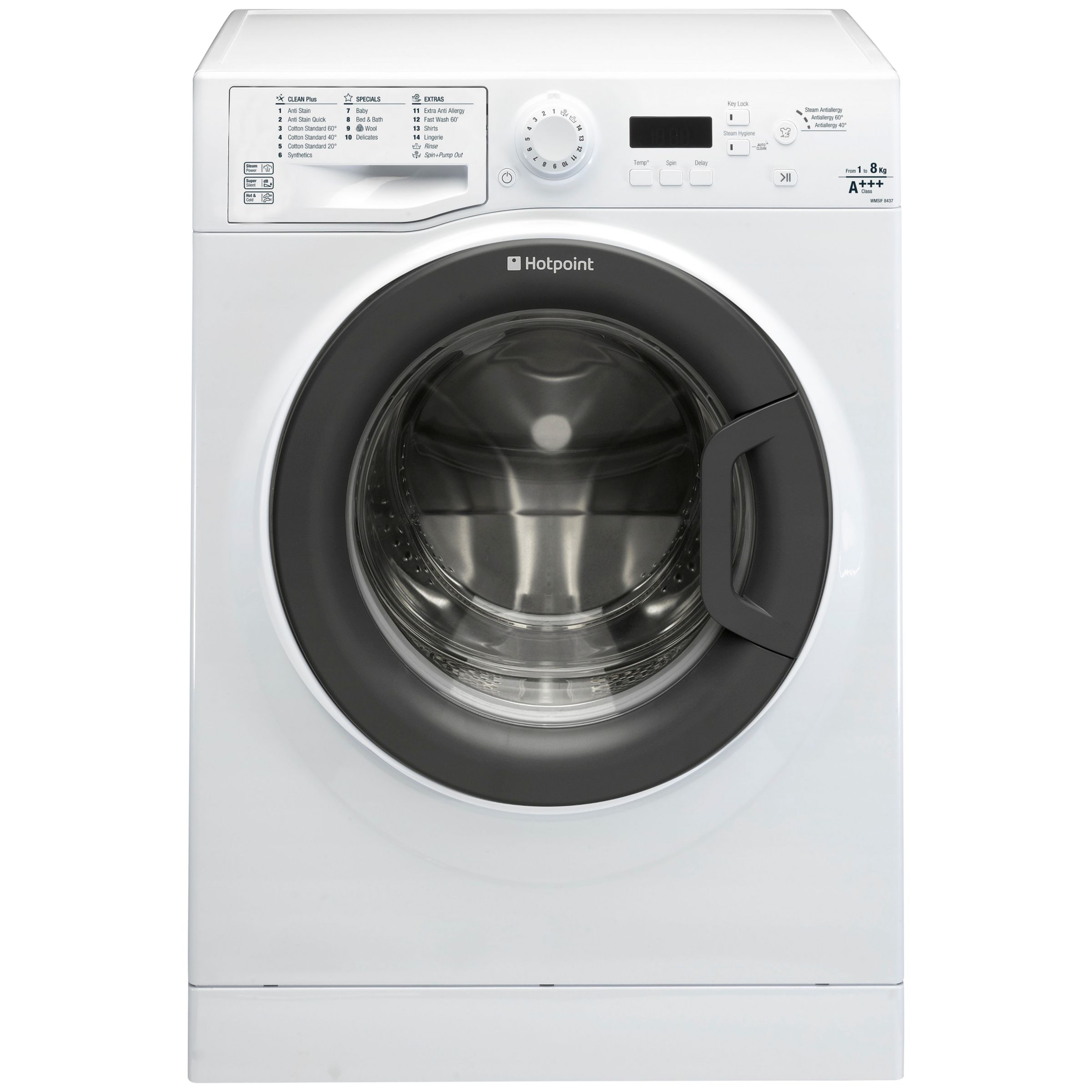 Hotpoint Signature WMSIF8437BC Freestanding Washing Machine, 8kg Load, A+++ Energy Rating, 1400rpm Spin, Polar White / Graphite