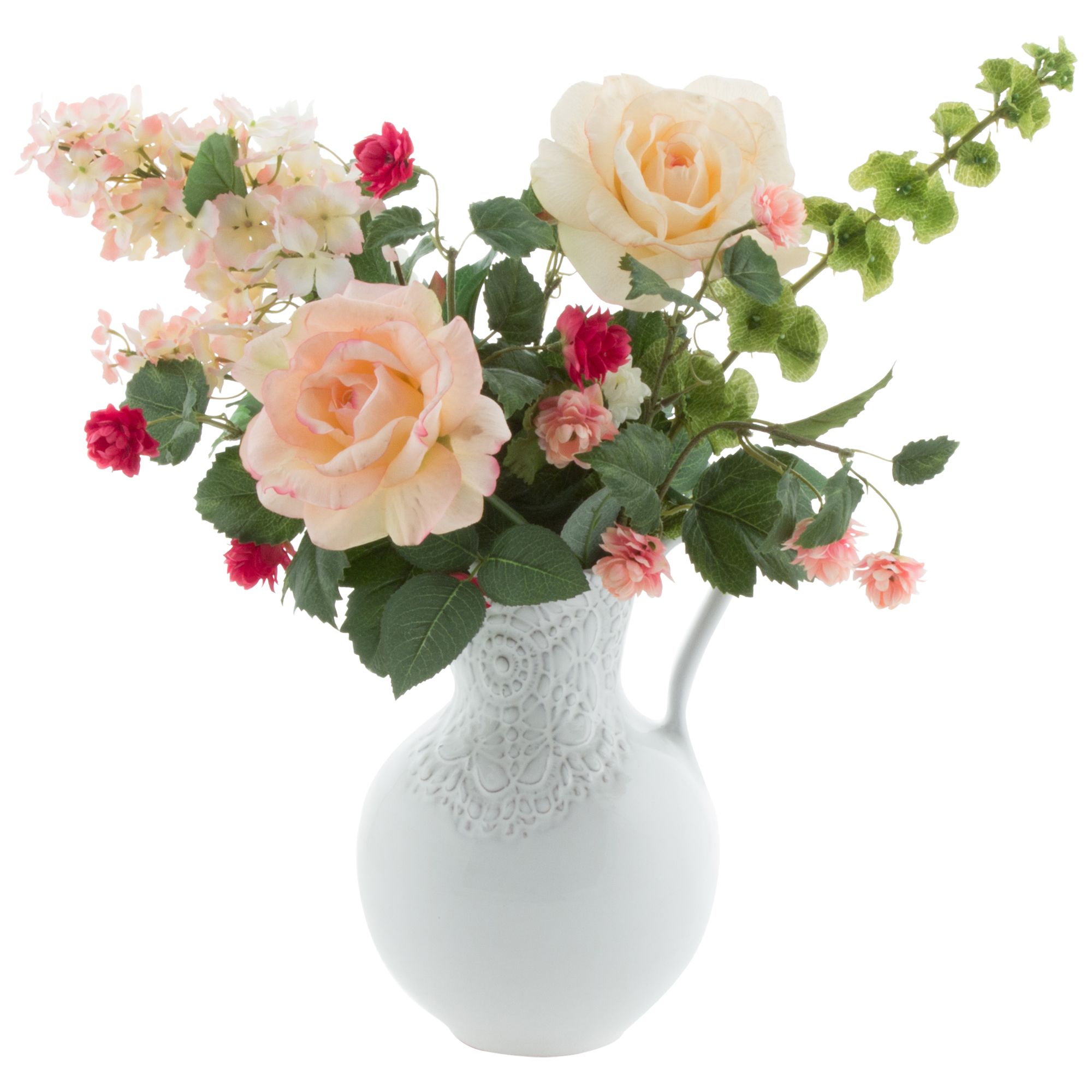 Artificial Peony Hydrangea and Roses in Lace Jug