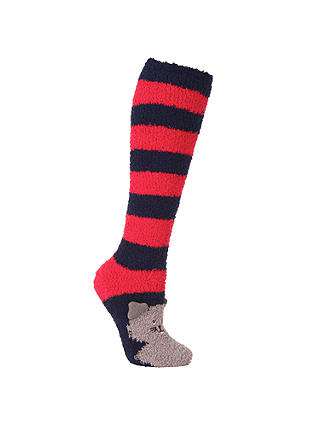 John Lewis & Partners Fluffy Cat Knee High Socks, Navy/Red