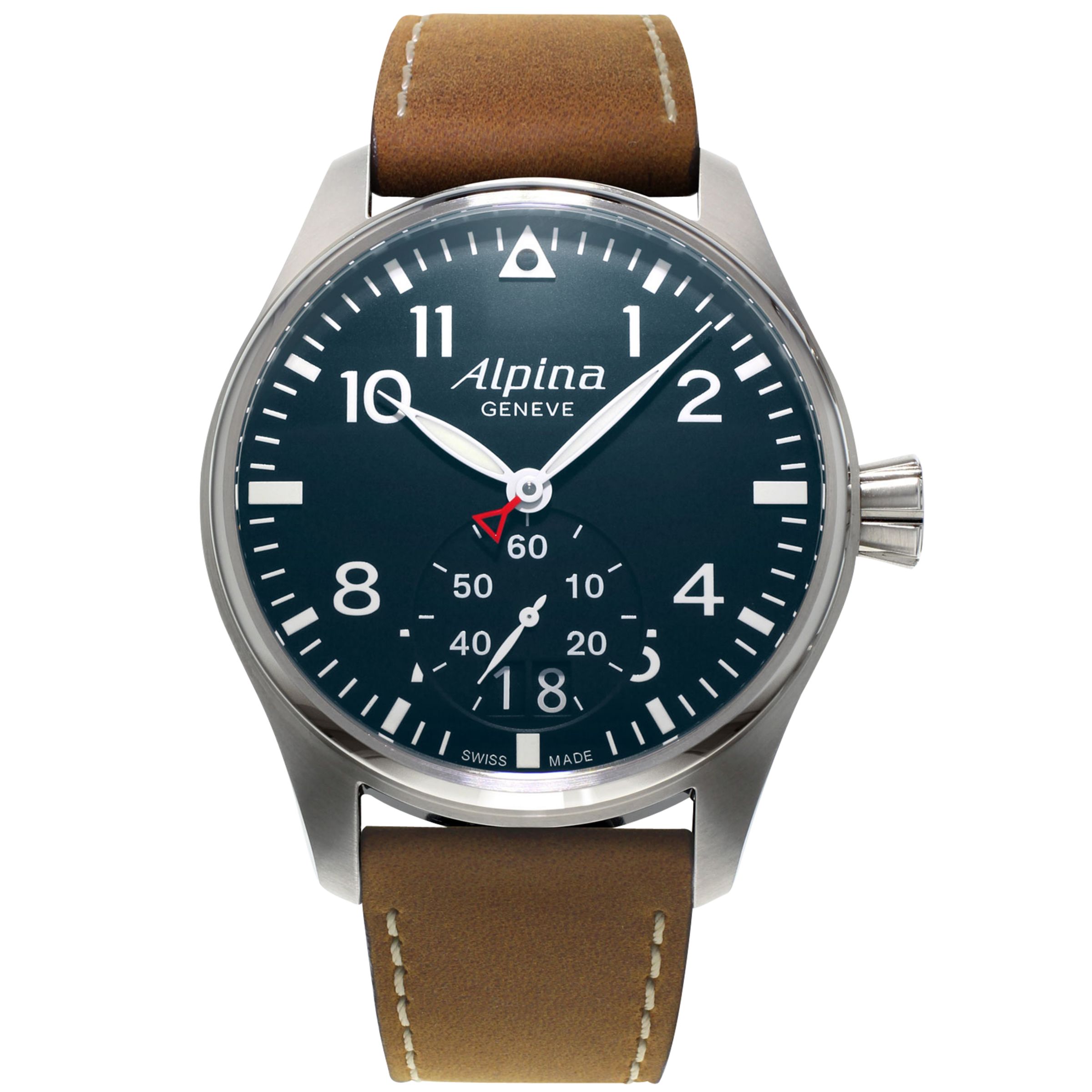 Alpina AL-280N4S6 Men's Startimer Pilot Big Date Leather Strap Watch, Brown/Dark Blue