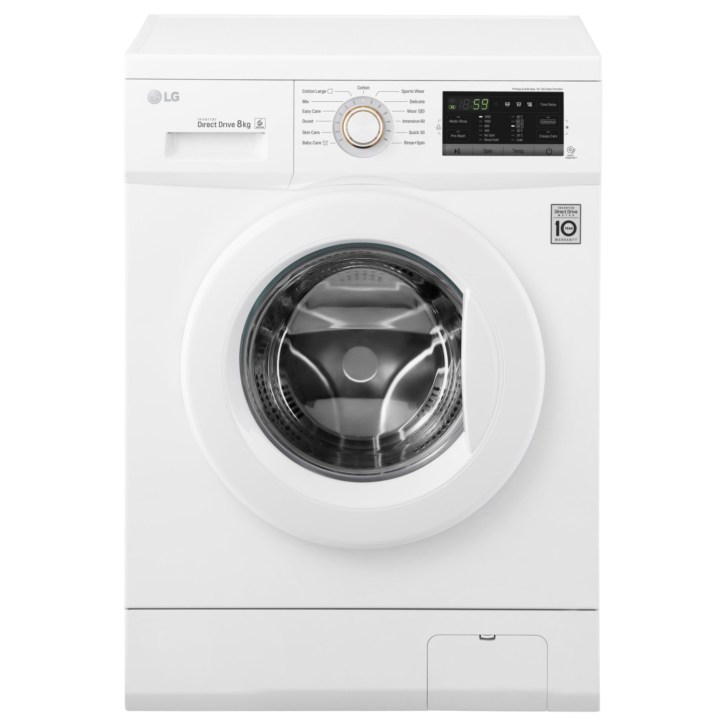 LG FH4G7TDN0 Freestanding Washing Machine, 8kg Load, A+++ Energy Rating, 1400rpm Spin in White