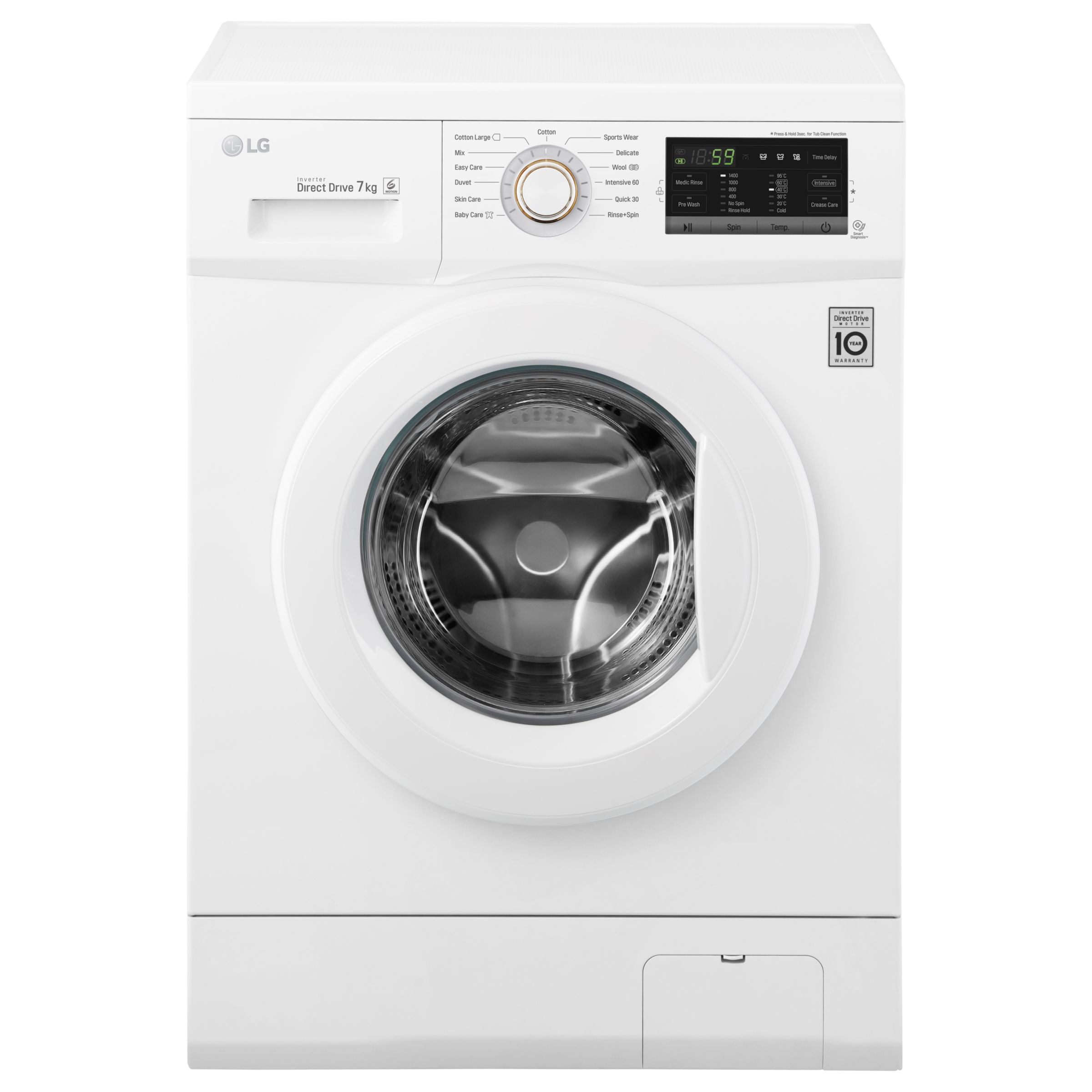 LG FH4G7QDN0 Freestanding Washing Machine, 7kg Load, A+++ Energy Rating, 1400rpm Spin in White