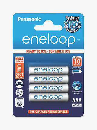 Panasonic Eneloop Pre-Charged Rechargeable AAA Batteries, Pack of 4