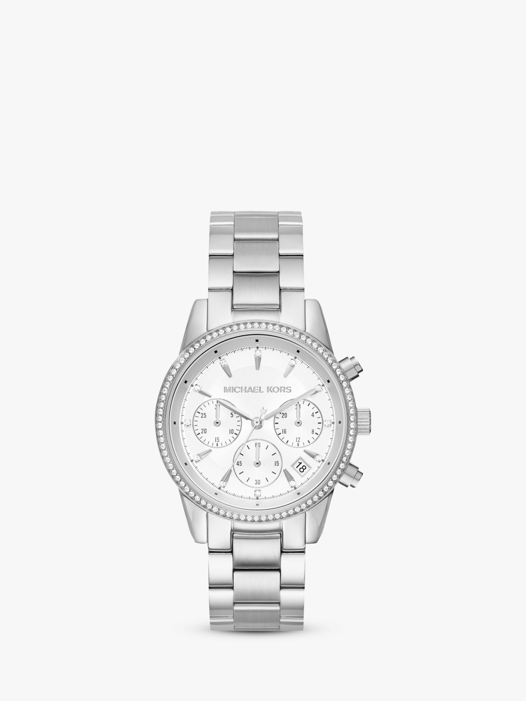Email visdom solid Michael Kors Women's Ritz Crystal Date Chronograph Bracelet Strap Watch,  Silver MK6428 at John Lewis & Partners