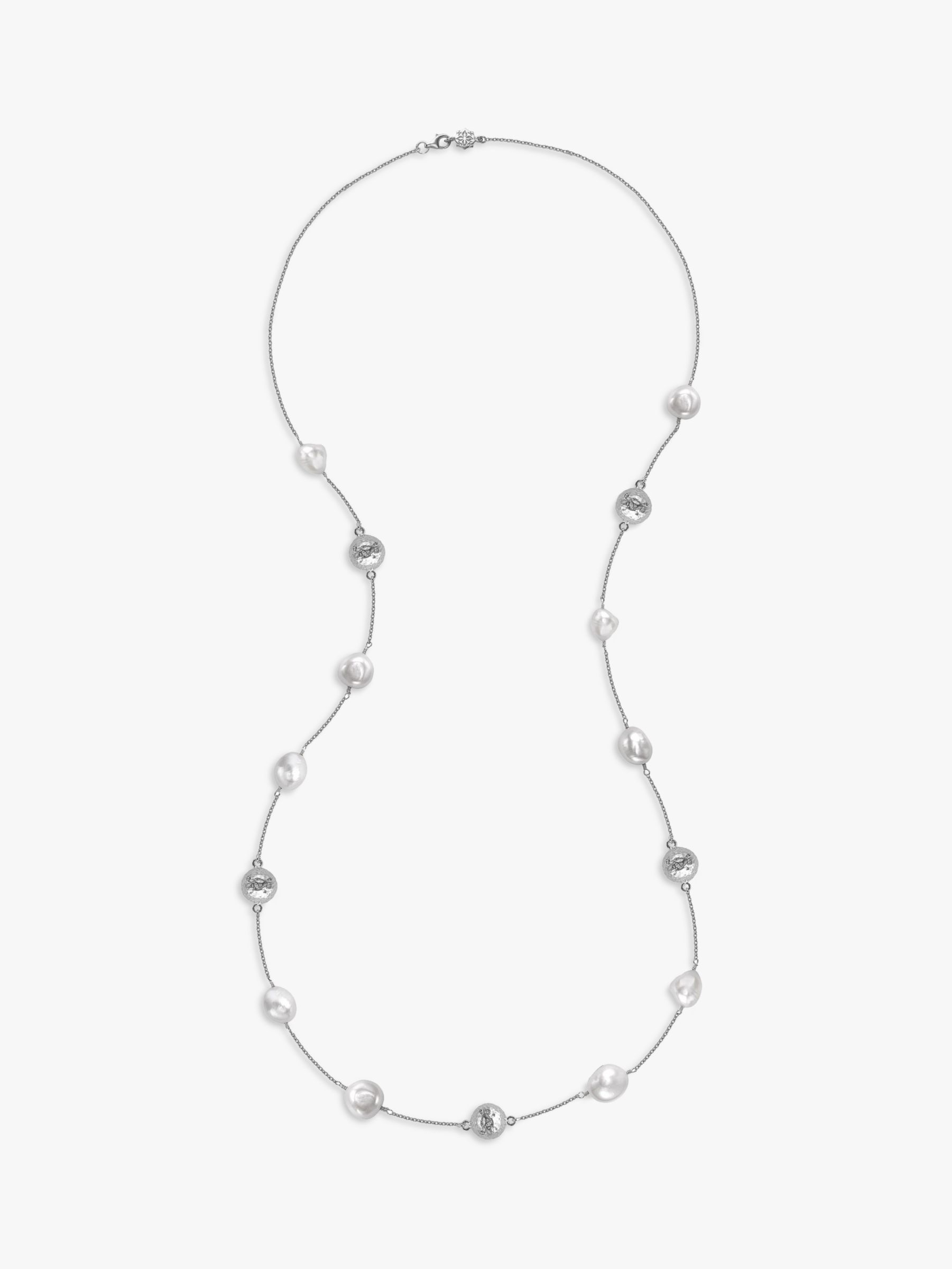 Dower & Hall Baroque Pearl Disc Long Chain Necklace, Silver/White