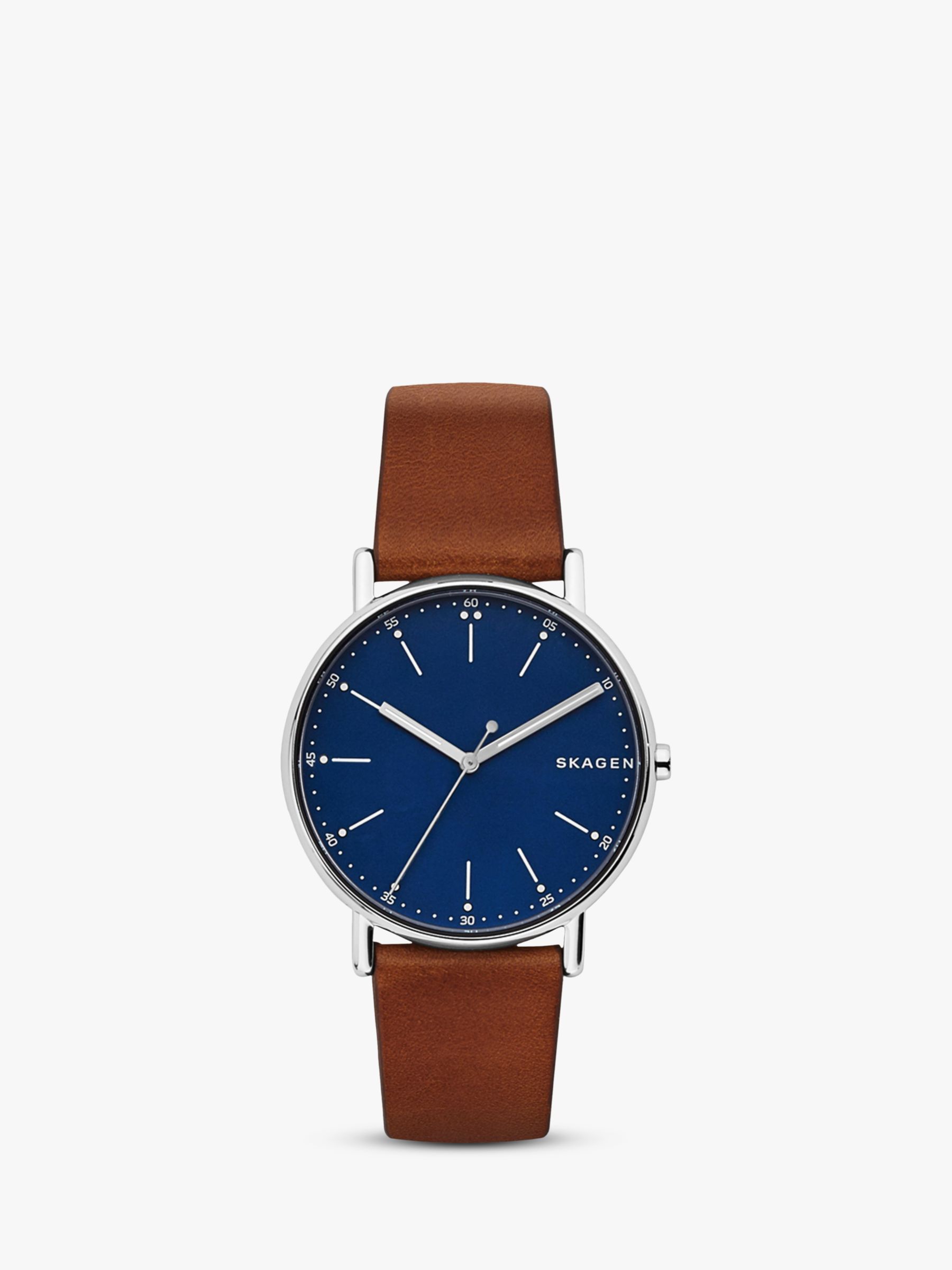 Gedeeltelijk aanvaarden pak Skagen Men's Signatur Leather Strap Watch, Tan/Dark Blue at John Lewis &  Partners