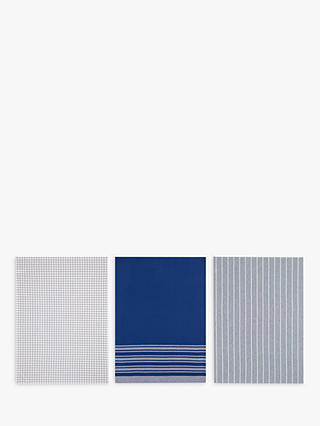 John Lewis & Partners Check Stripe Tea Towels, Set of 3, Blue/Multi