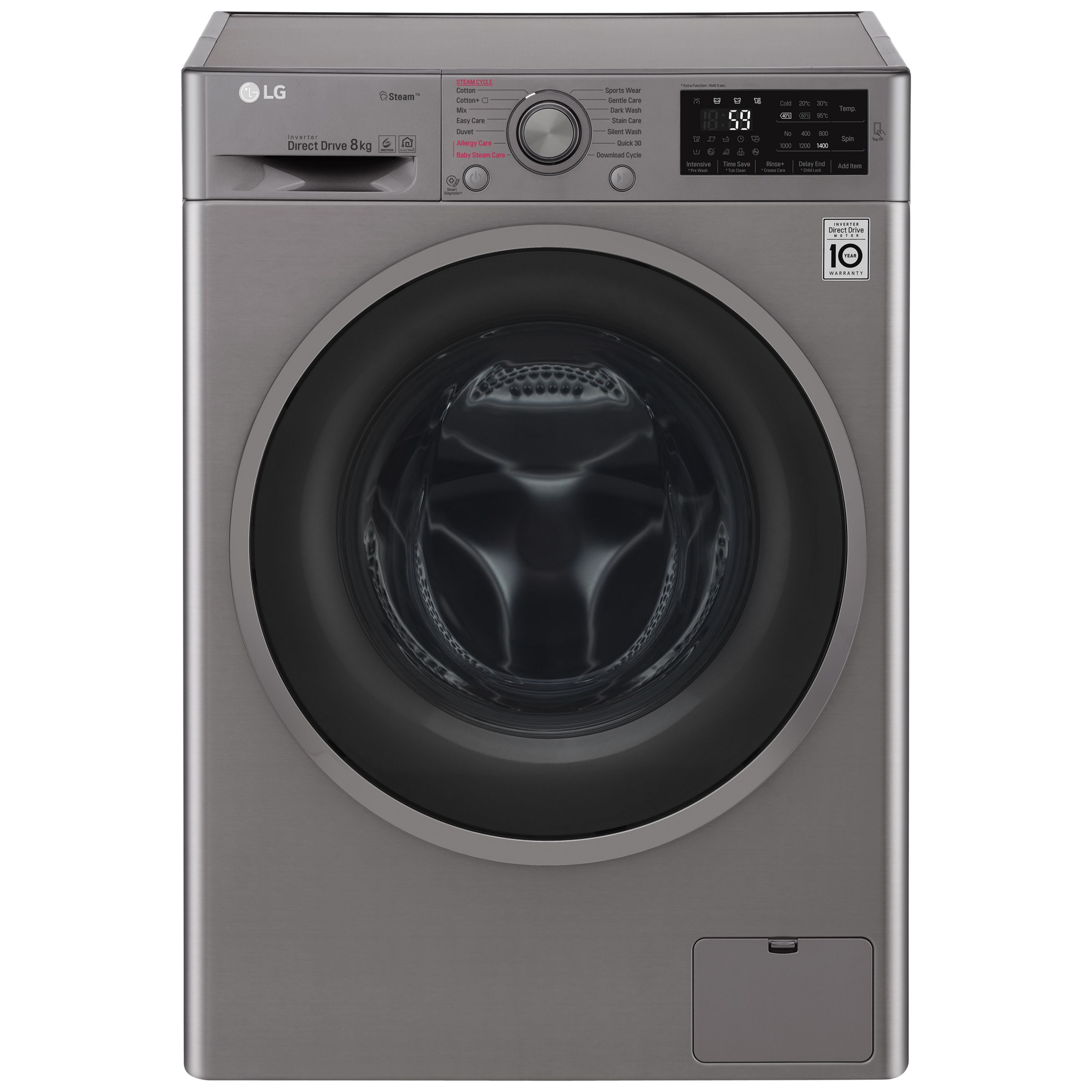LG F4J6TY8S Freestanding Washing Machine, 8kg Load, A+++ Energy Rating, 1400rpm Spin, Shiny Steel