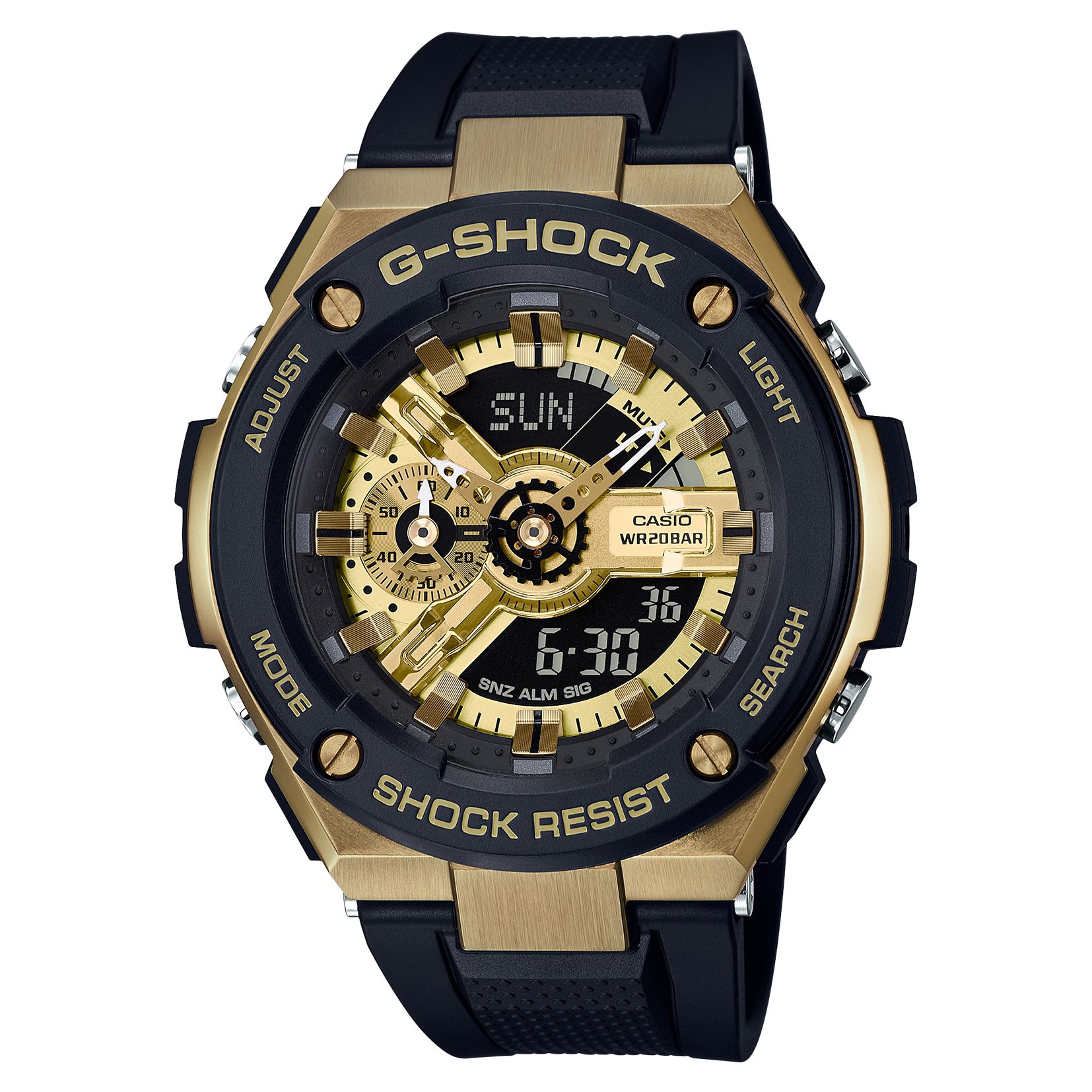 Casio GST-400G-1A9ER Men's G-Shock Chronograph World Time Resin Strap Watch, Black/Gold
