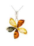 Be-Jewelled Sterling Silver Marquise Amber Flower Pendant Necklace, Multi