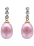 A B Davis 9ct Gold Freshwater Pearl Three Diamond Drop Earrings, Pink