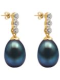 A B Davis 9ct Gold Freshwater Pearl Three Diamond Drop Earrings, Black