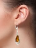 Be-Jewelled Baltic Amber Teardrop Statement Drop Earrings, Cognac/Silver
