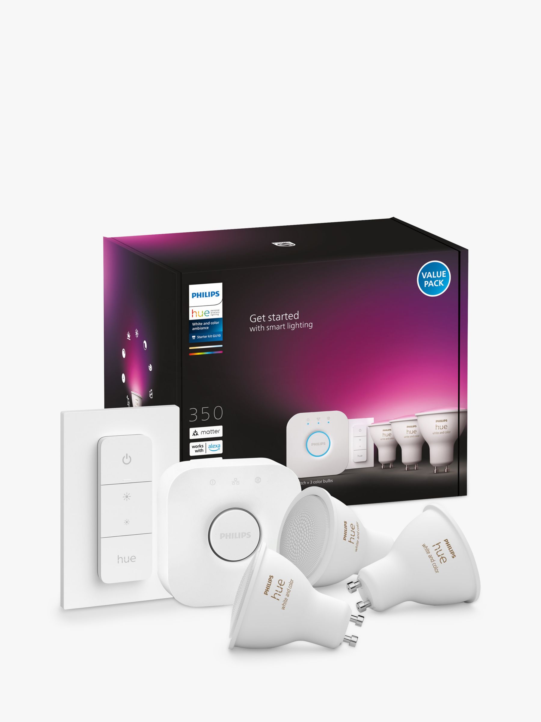 verpleegster Wolkenkrabber Zending Philips Hue White and Colour Ambiance Wireless Lighting LED Starter Kit  with 3 GU10 Bulbs with Bluetooth & Bridge