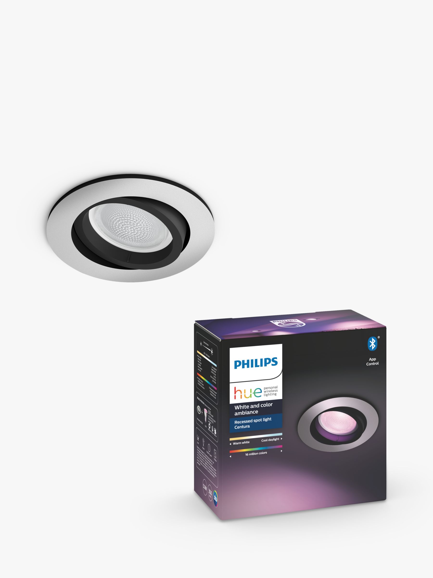 Bot Mose Turist Philips Hue White and Colour Ambiance Centura LED Smart Recessed Spotlight  with Bluetooth, Silver/Black
