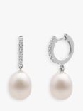 A B Davis 9ct White Gold Diamond and Pearl Hoop Earrings, White