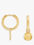 Dower & Hall Yellow Gold Vermeil Hammered Disc Charm Story Hoop Earrings, Gold