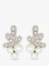 Eclectica Vintage Swarovski Crystal & Faux Pearls Leaf Stud Clip-on Earrings, Dated Circa 1980s, Silver/Cream