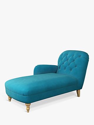 John Lewis Button LHF Chaise End Sofa, Light Leg, Smooth Velvet Petrol Blue