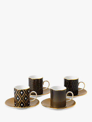 Wedgwood Gio Gold Bone China Espresso Cup & Saucers, Set of 4, 80ml, Black/White/Gold