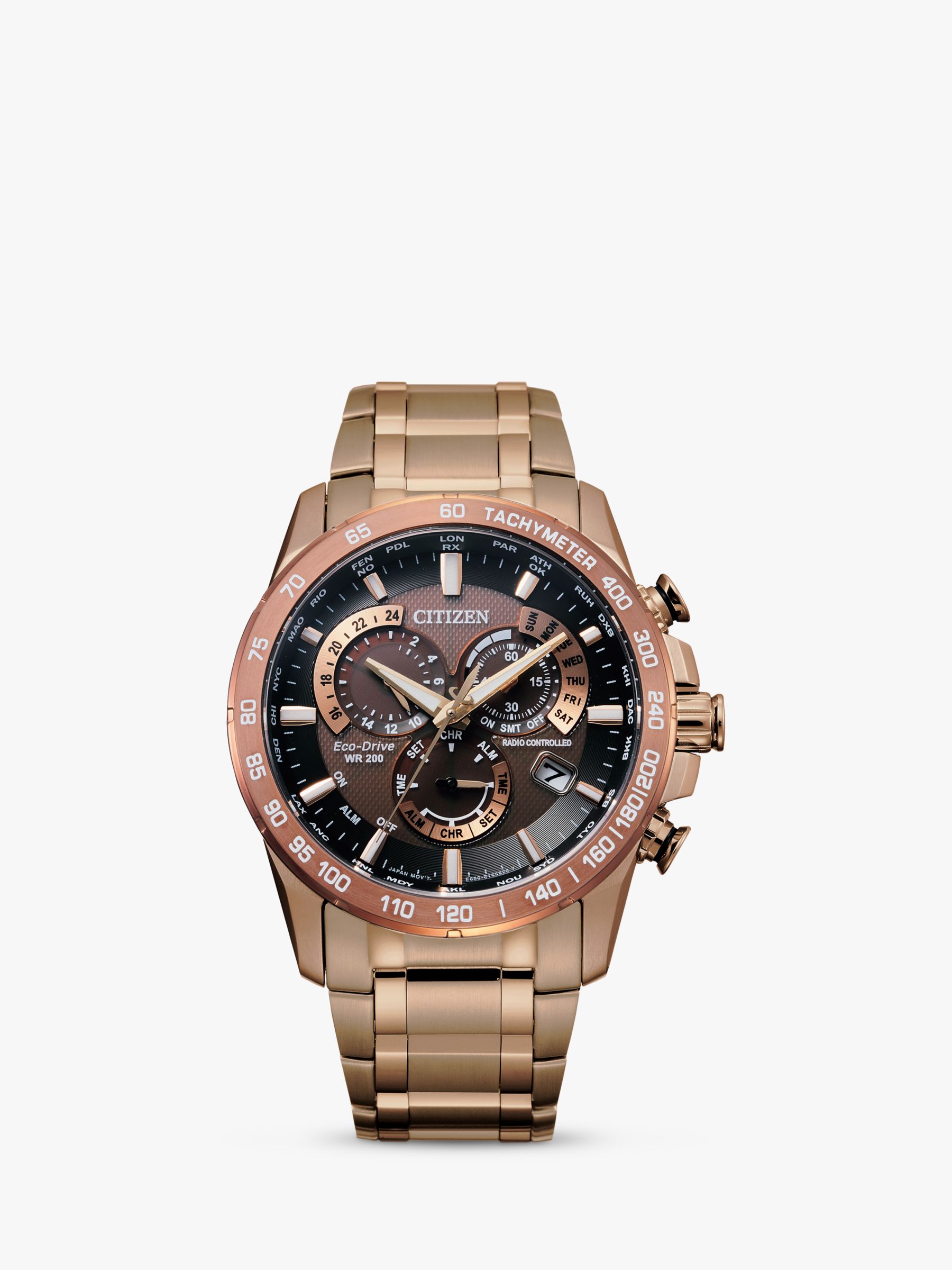 Citizen CB5896-54X Men's Perpetual Chrono A-T Radio Controlled Eco-Drive  Date Bracelet Strap Watch, Rose Gold/Brown at John Lewis u0026 Partners