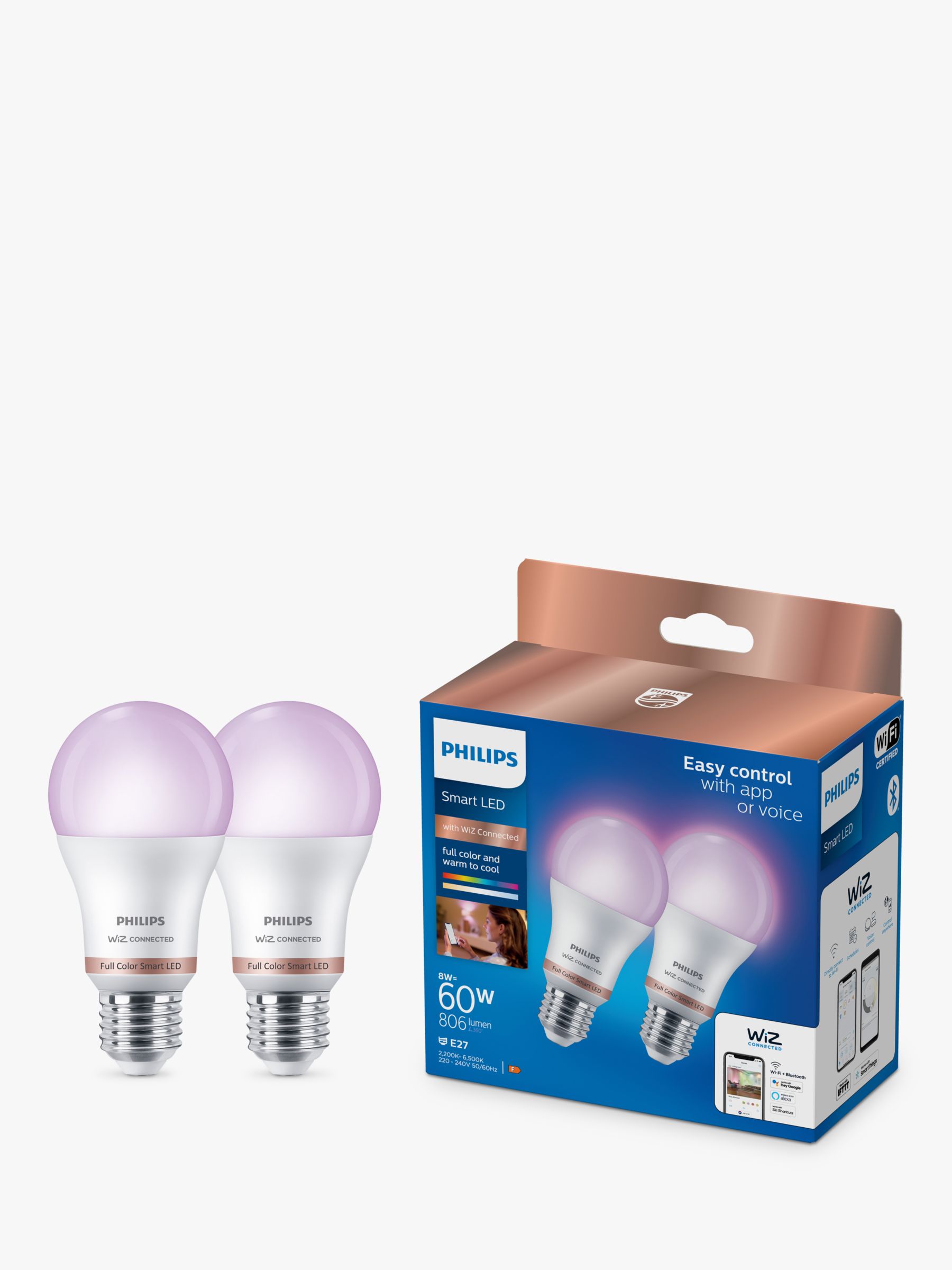 Omsorg smukke Stærk vind Philips Smart LED 8W E27 Dimmable Full Colour and Warm-to-Cool Classic Bulbs  with WiZ Connected and Bluetooth, Pack of 2, Clear