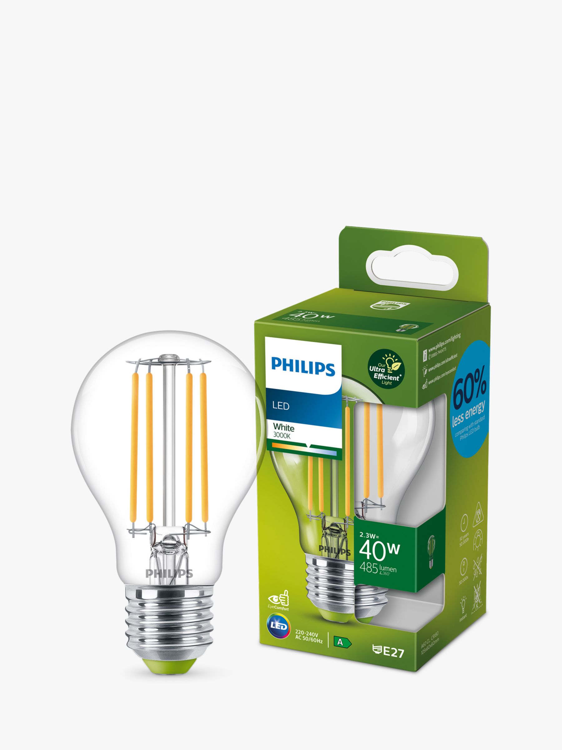 Philips Energy 2.3W E27 LED Non-Dimmable Classic Bulb, Clear