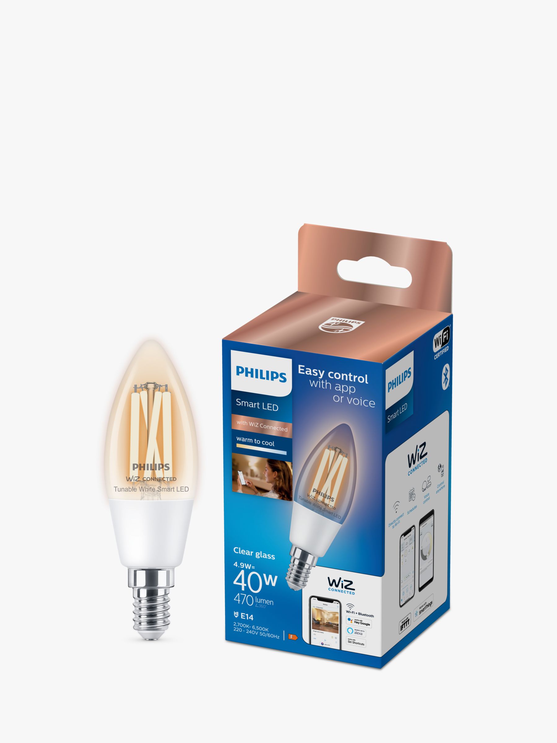 LED 5W E14 Dimmable Warm-to-Cool Candle Bulb WiZ Connected and Bluetooth, Clear
