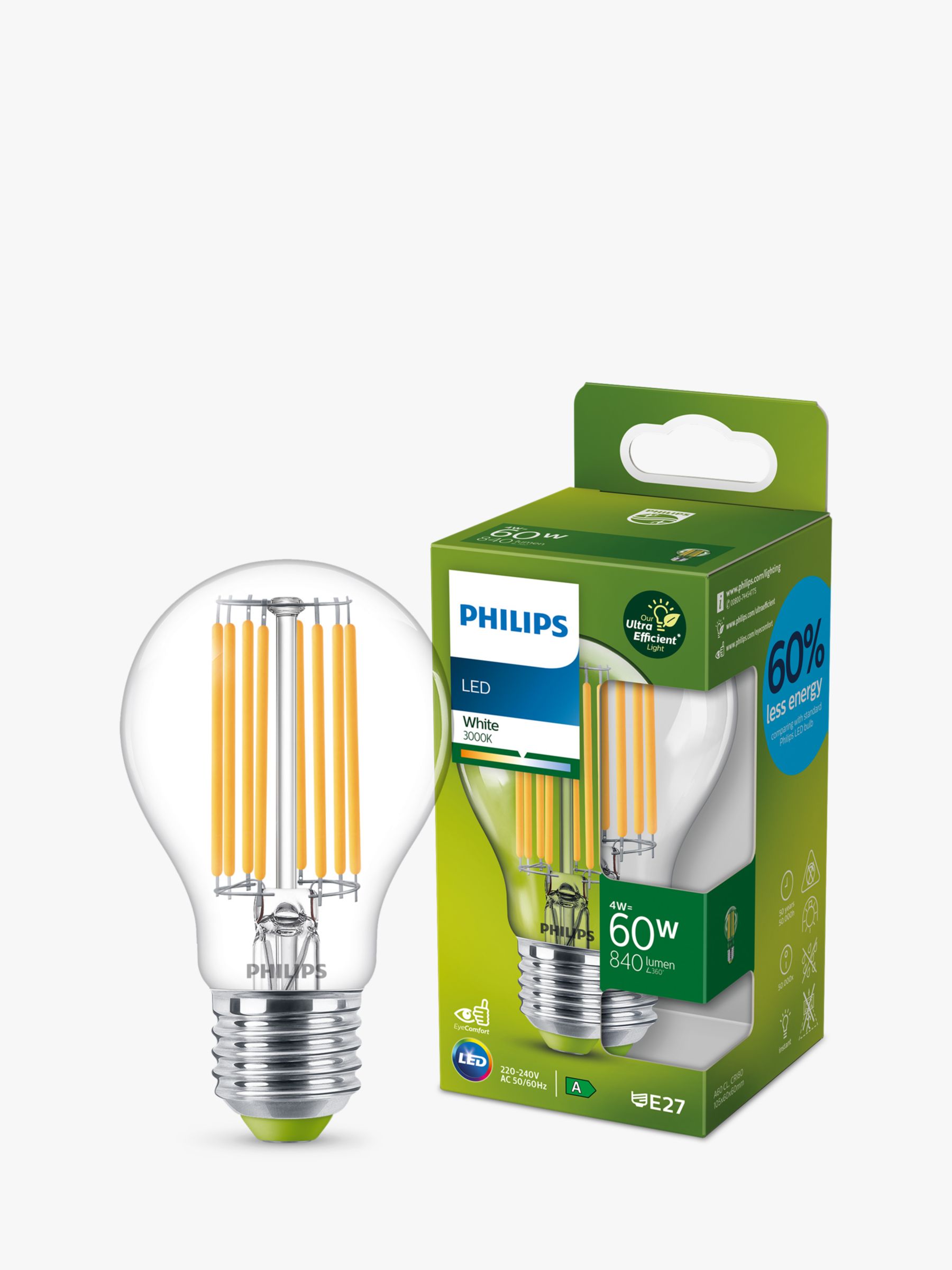 entreprenør jogger Bliv ophidset Philips Energy Efficient 4W E27 LED Non-Dimmable Classic Bulb, Clear