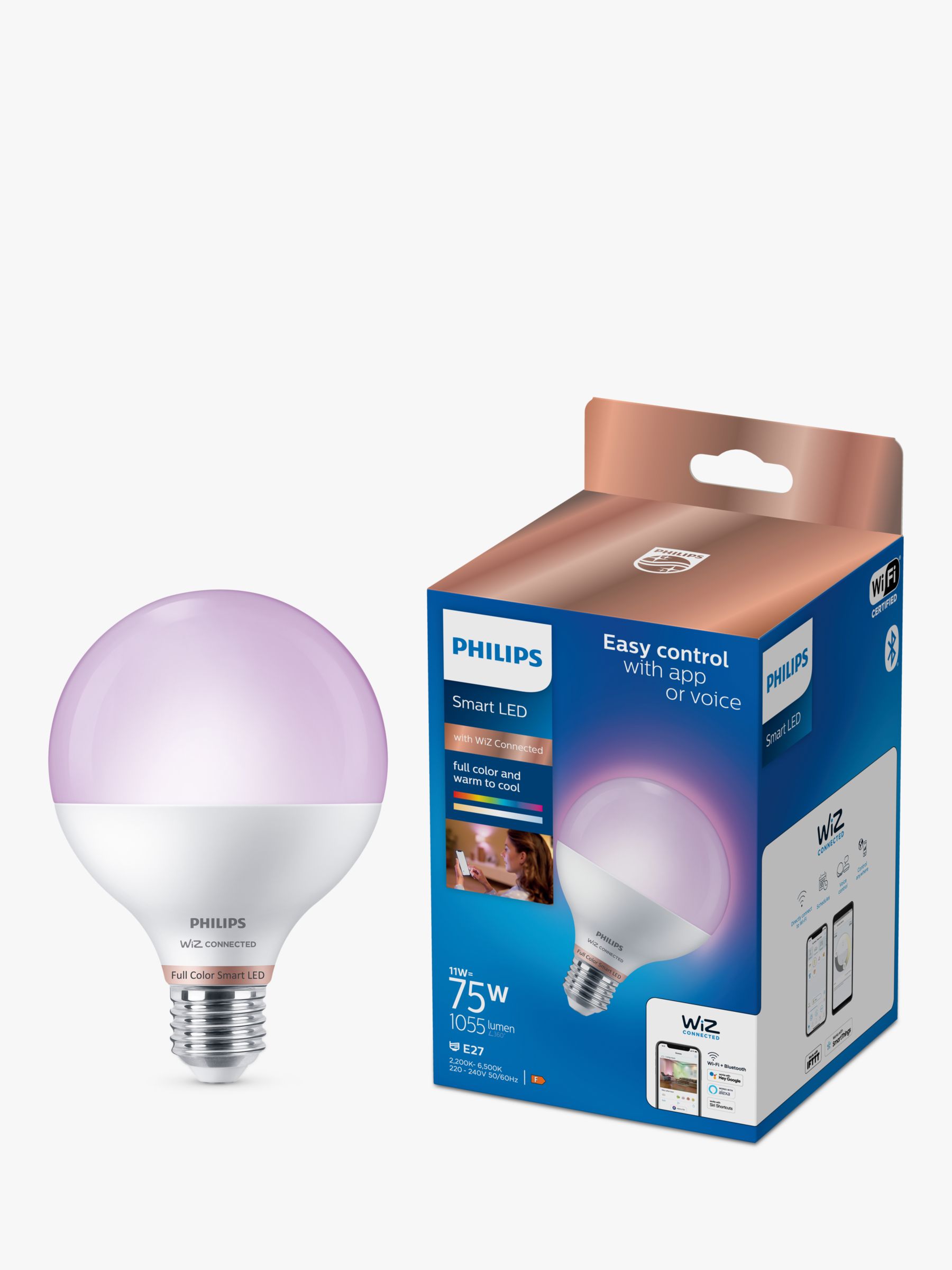 Philips Smart LED 11W G95 E27 Dimmable Full Colour and Warm-to-Cool Globe Bulb WiZ Connected and Bluetooth, Clear