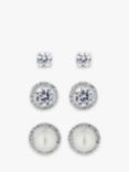 Jon Richard Bridal Crystal & Faux Pearl Halo Stud Earrings, Pack of 3, Silver