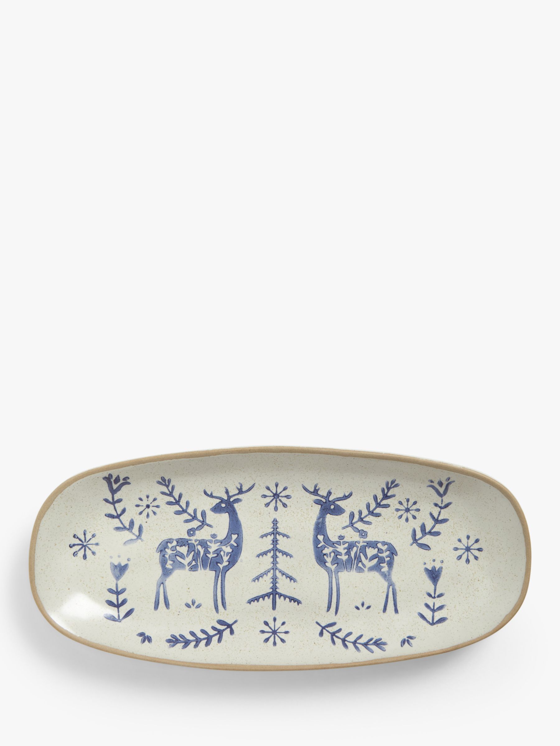 John Lewis Woodland Floral Deer Glazed Stoneware Platter, 25cm, Beige/Blue