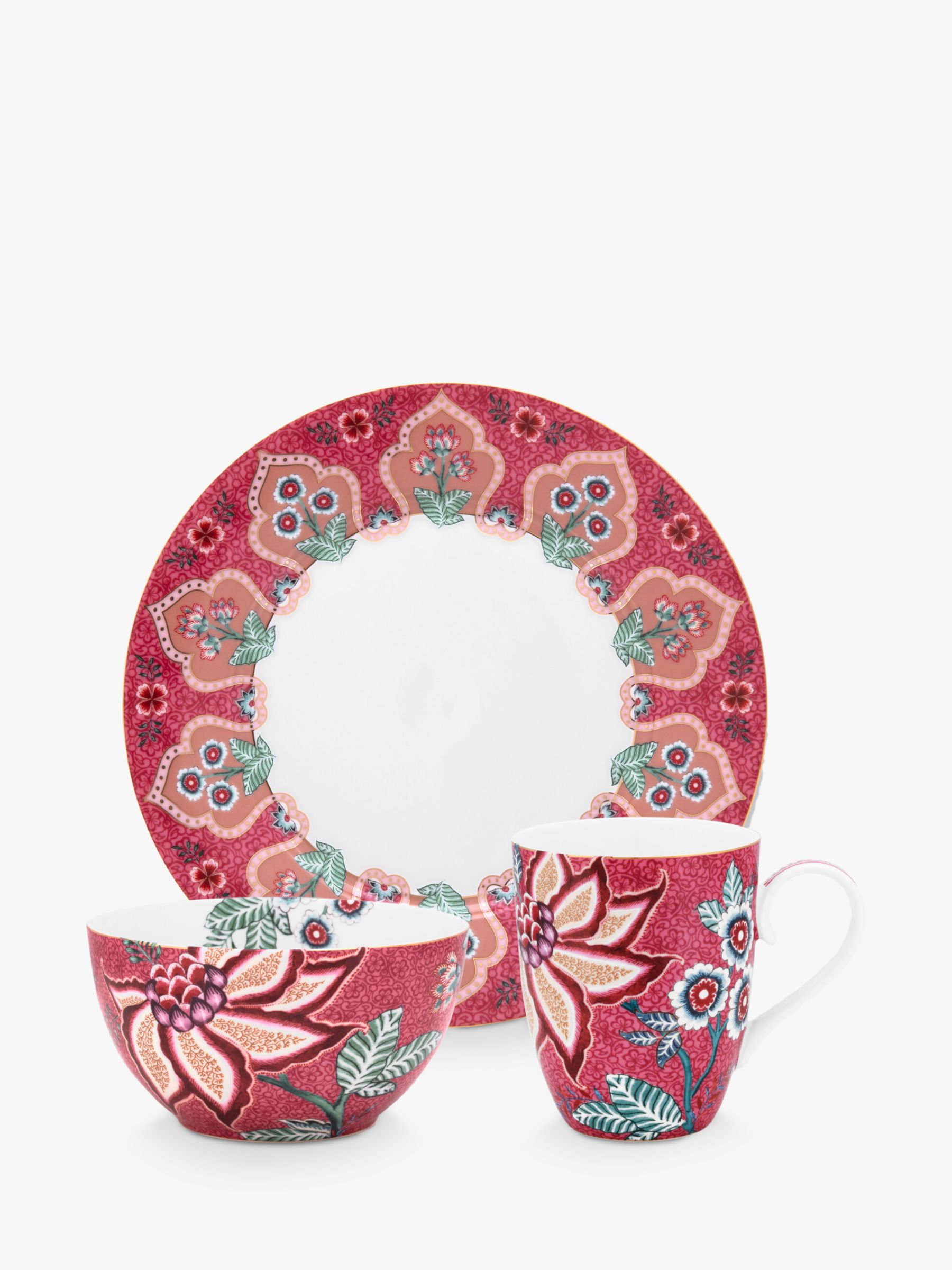 rooster Overgang Wat mensen betreft Pip Studio Flower Festival Porcelain Breakfast Set, 3 Piece, Dark Pink