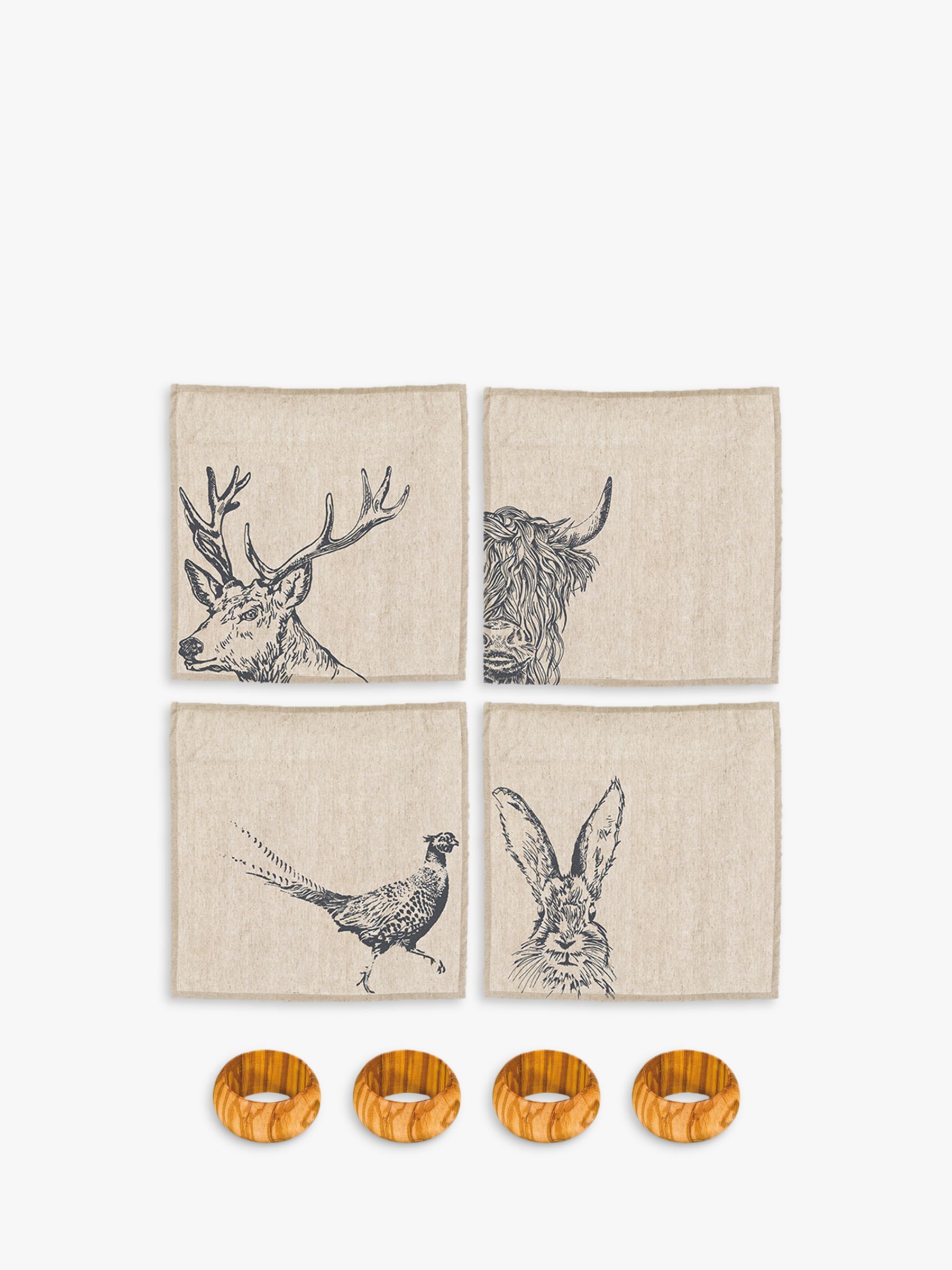 The Linen Table Country Animal Napkins & Olive Wood Napkin Rings, Set of 4