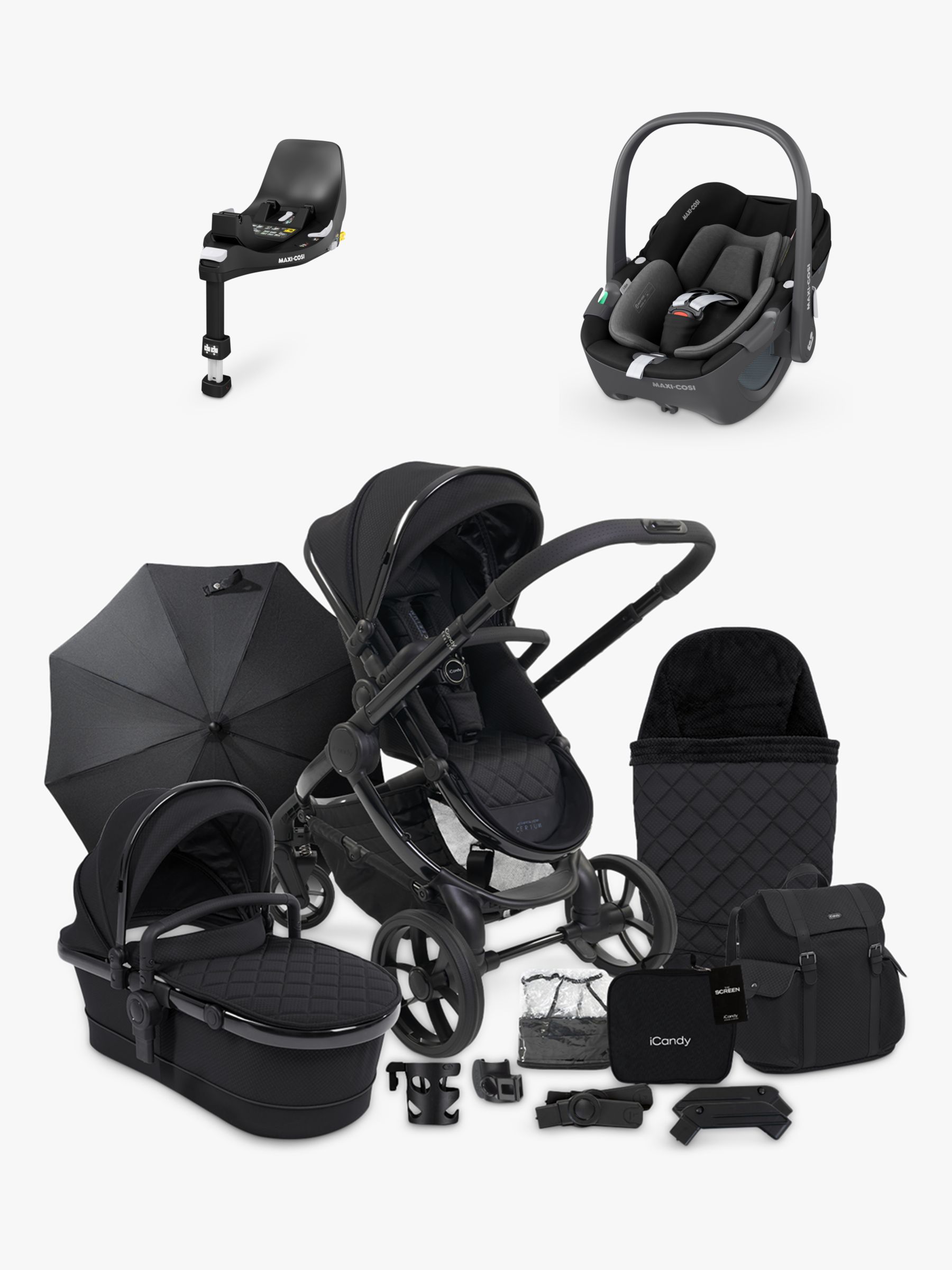 iCandy Peach 7 Designer Collection Pushchair & Accessories with Maxi-Cosi Pebble 360 Baby Car Seat and Base Bundle, Cerium/Essential Black