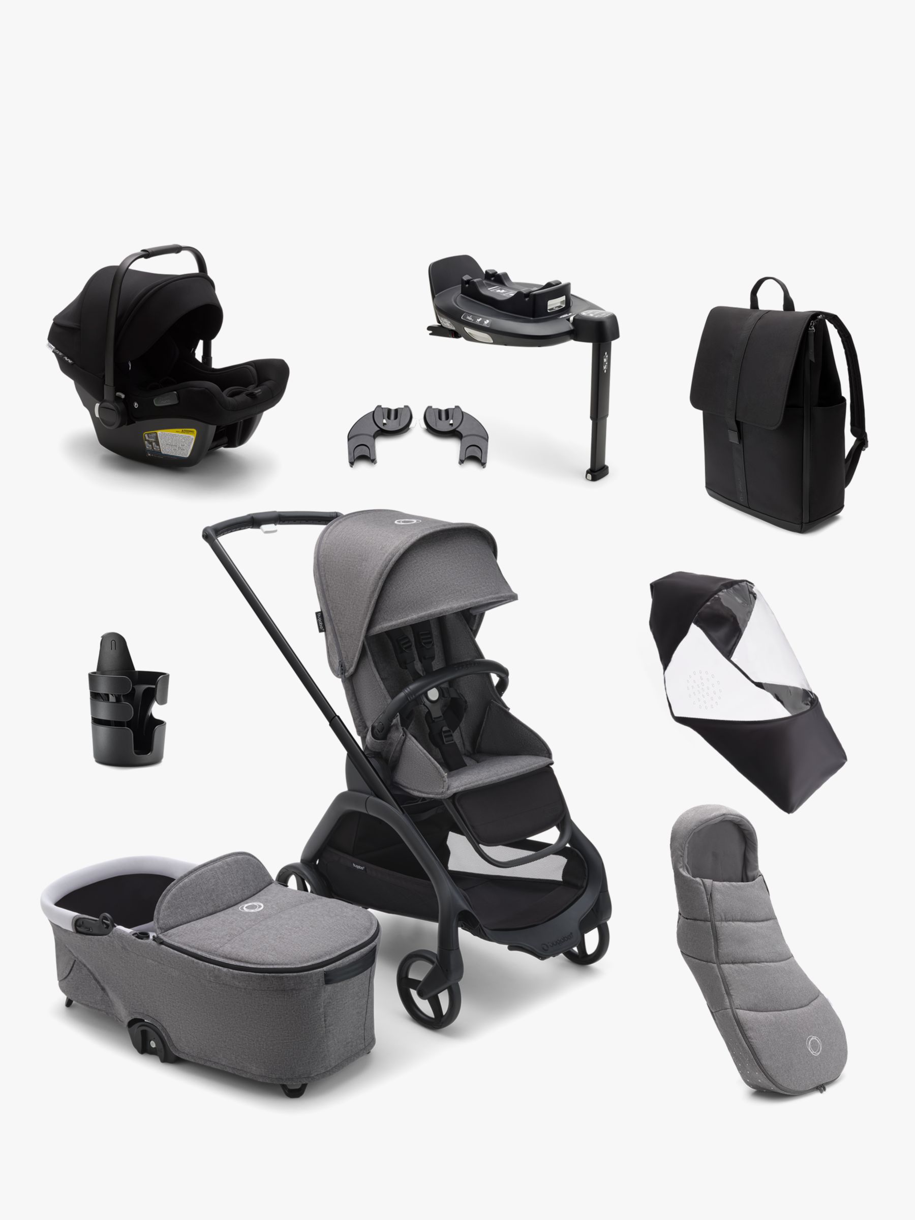 Indflydelsesrig Ruin Cyberplads Bugaboo Dragonfly Pushchair & Carrycot, Turtle Air by Nuna Car Seat with  Base & Accessories Ultimate Bundle, Grey Melange