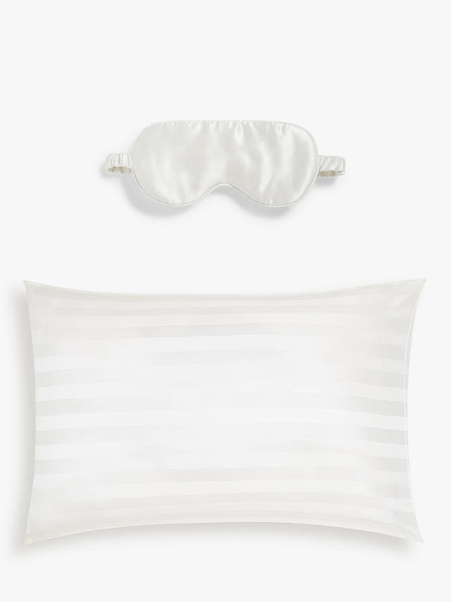 John Lewis Organic Mulberry Eye Mask and Silk Stripe Standard Pillowcase, White