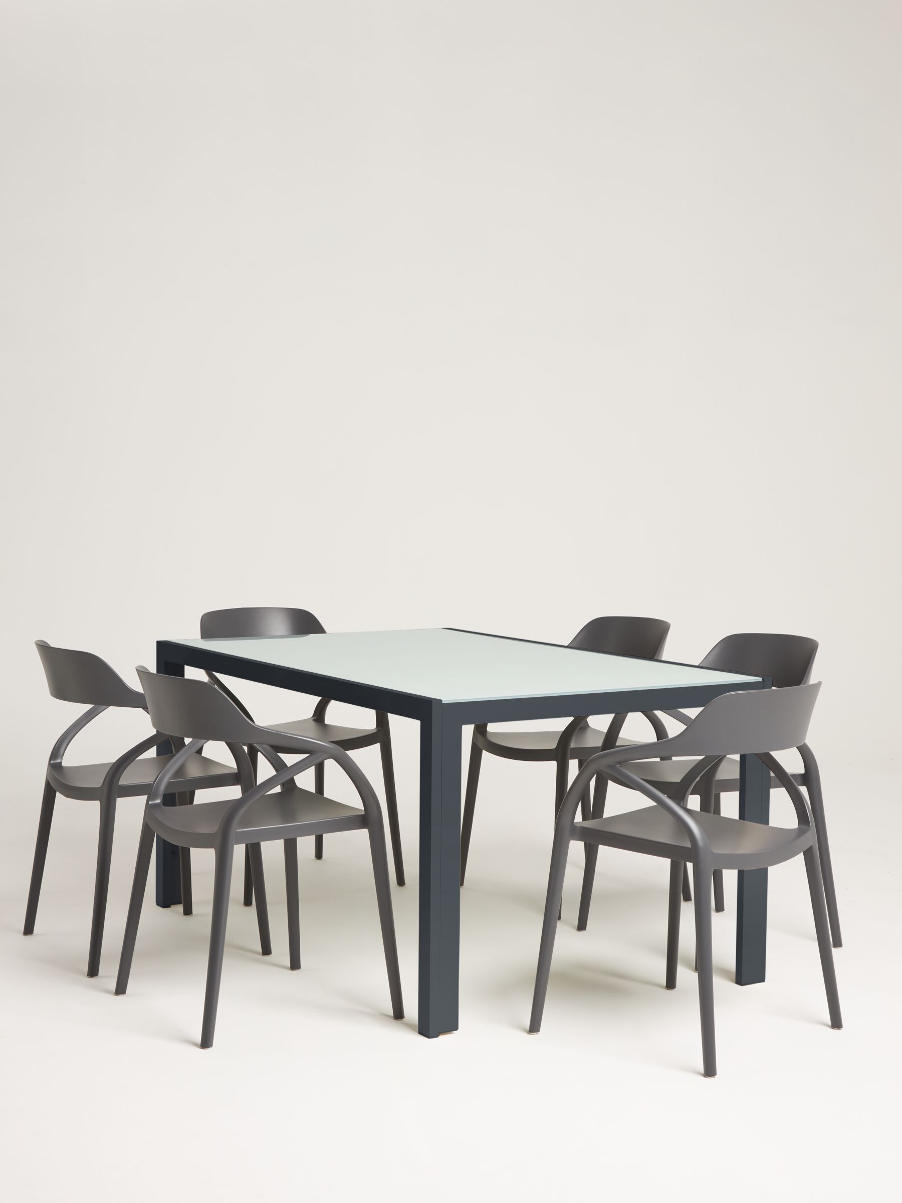 John Lewis Miami Ceramic-Effect Glass Top 6-Seater Garden Table & Stacking Polypropylene Chairs Set, Grey
