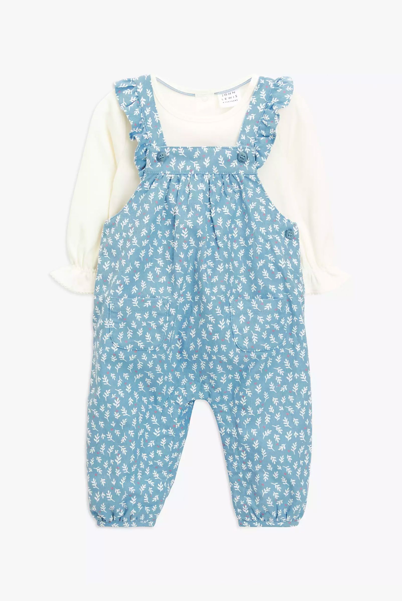 John Lewis Baby Ruffle Bodysuit & Leaf Print Dungaree Set, Blue, £20