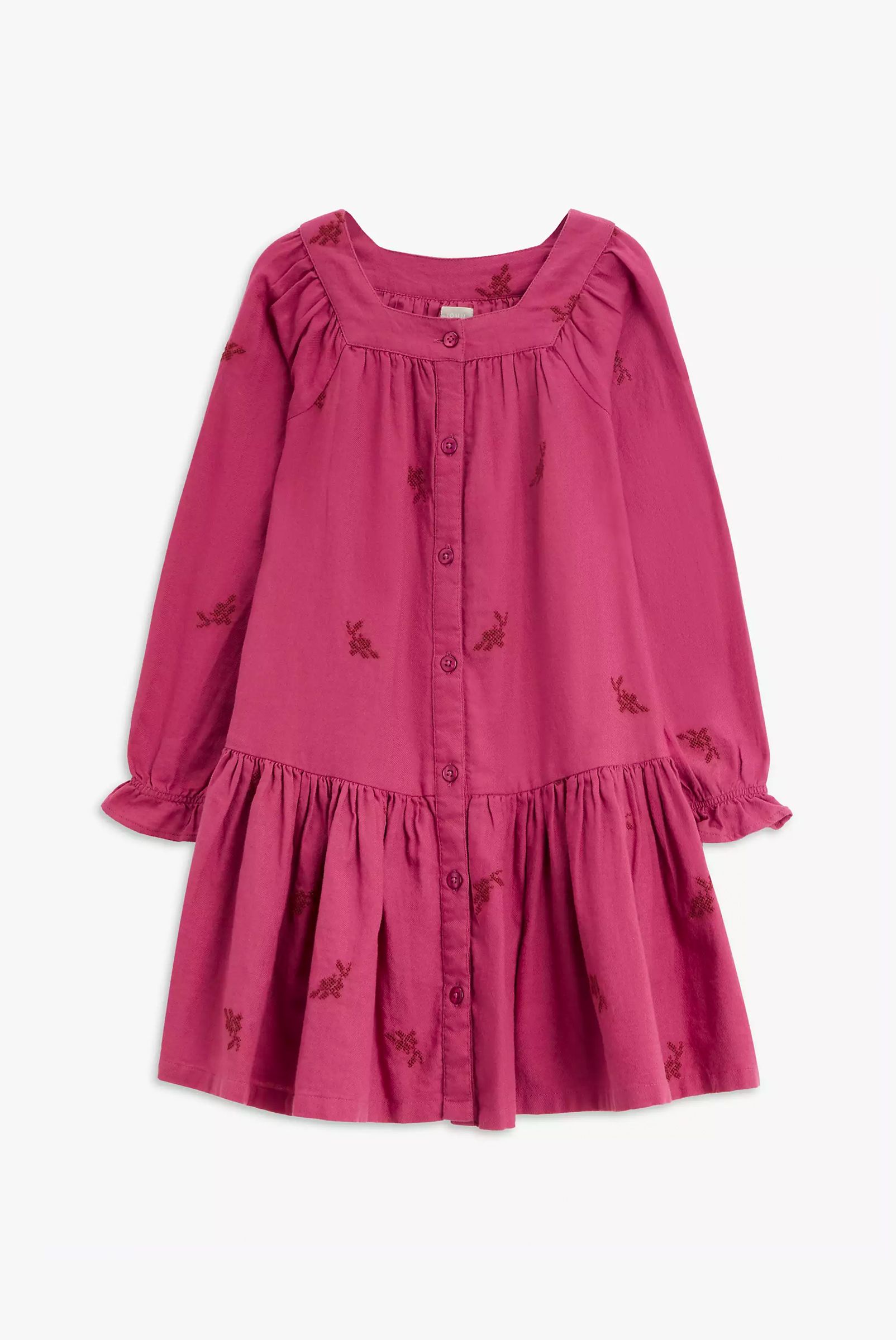 John Lewis Kids' Embroidered Ruffle Shirt Dress, Berry, £20.00 - £24.00