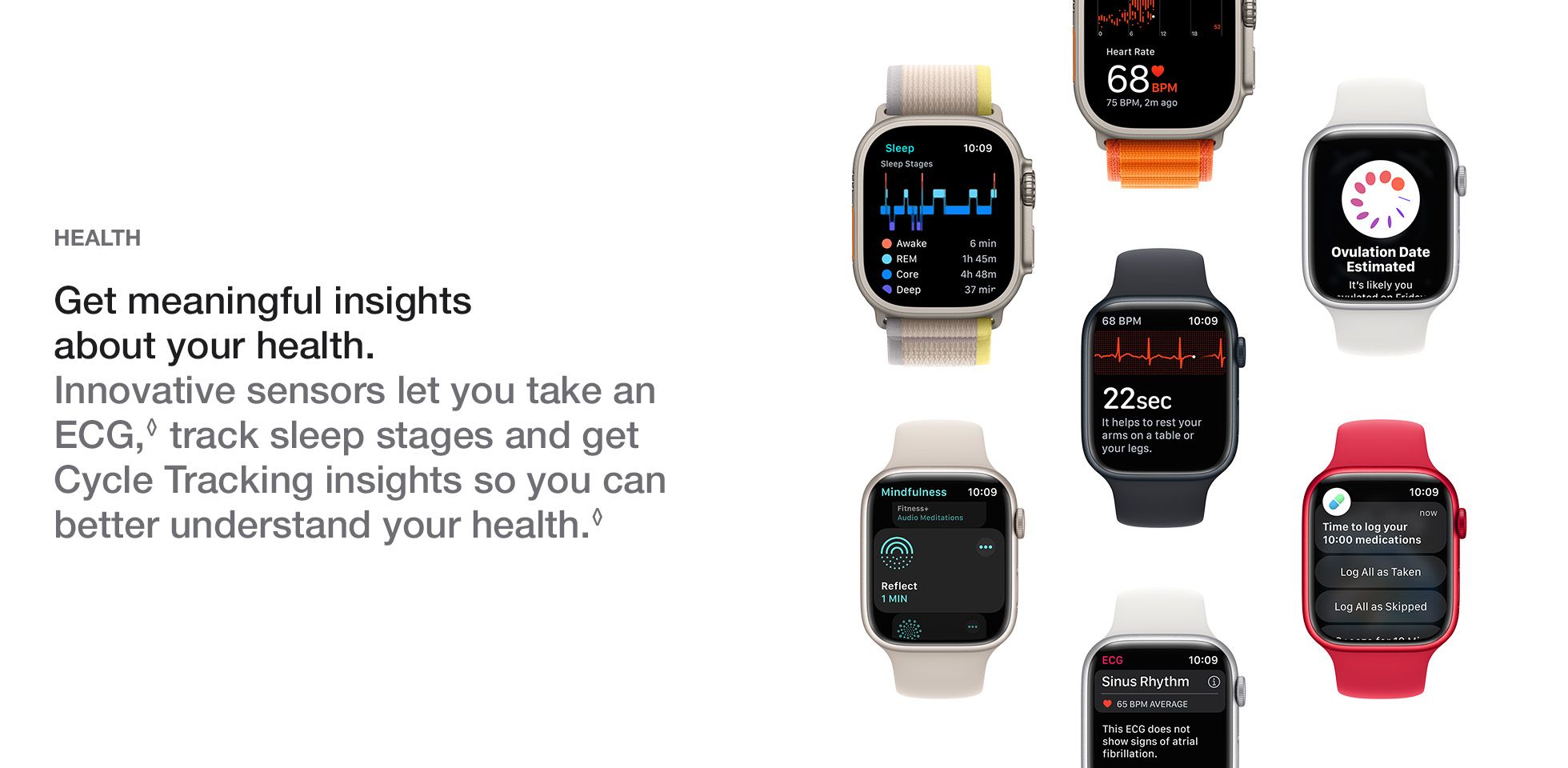 apple watch health. Get meaningful insights about your health. Innovative sensors let you take an ECG,◊ track sleep stages and get Cycle Tracking insights so you can better understand your health.◊
