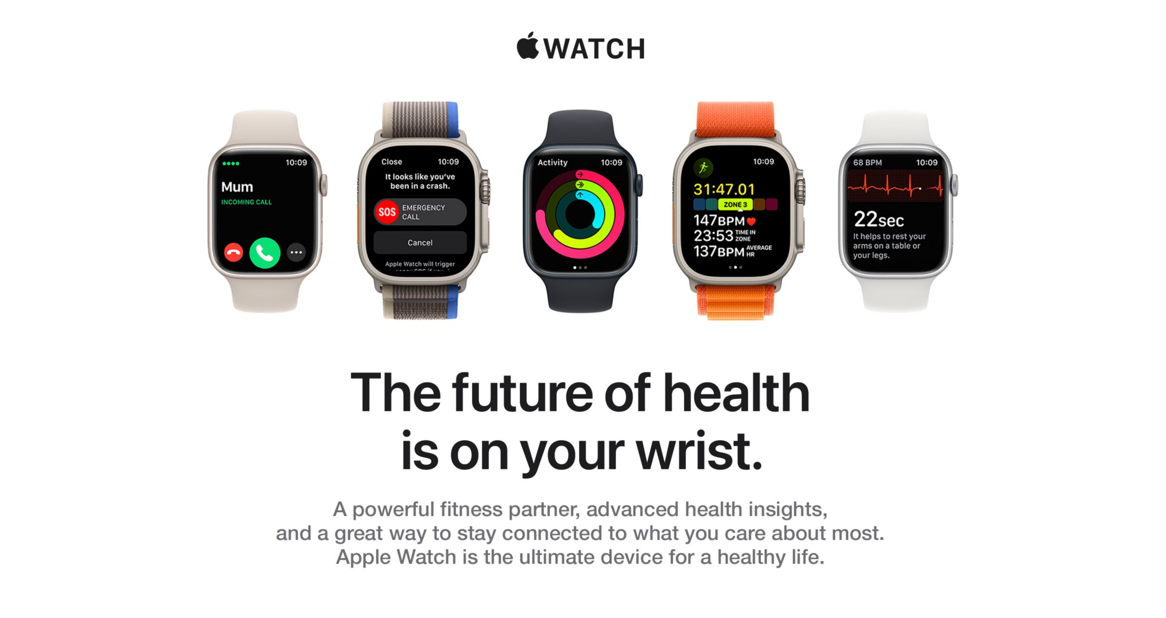 apple watch hero - the future of health is on your wrist. A powerful fitness partner, advanced health insights, and a great way to stay connected to what you care about most. Apple Watch is the ultimate device for a healthy life.
