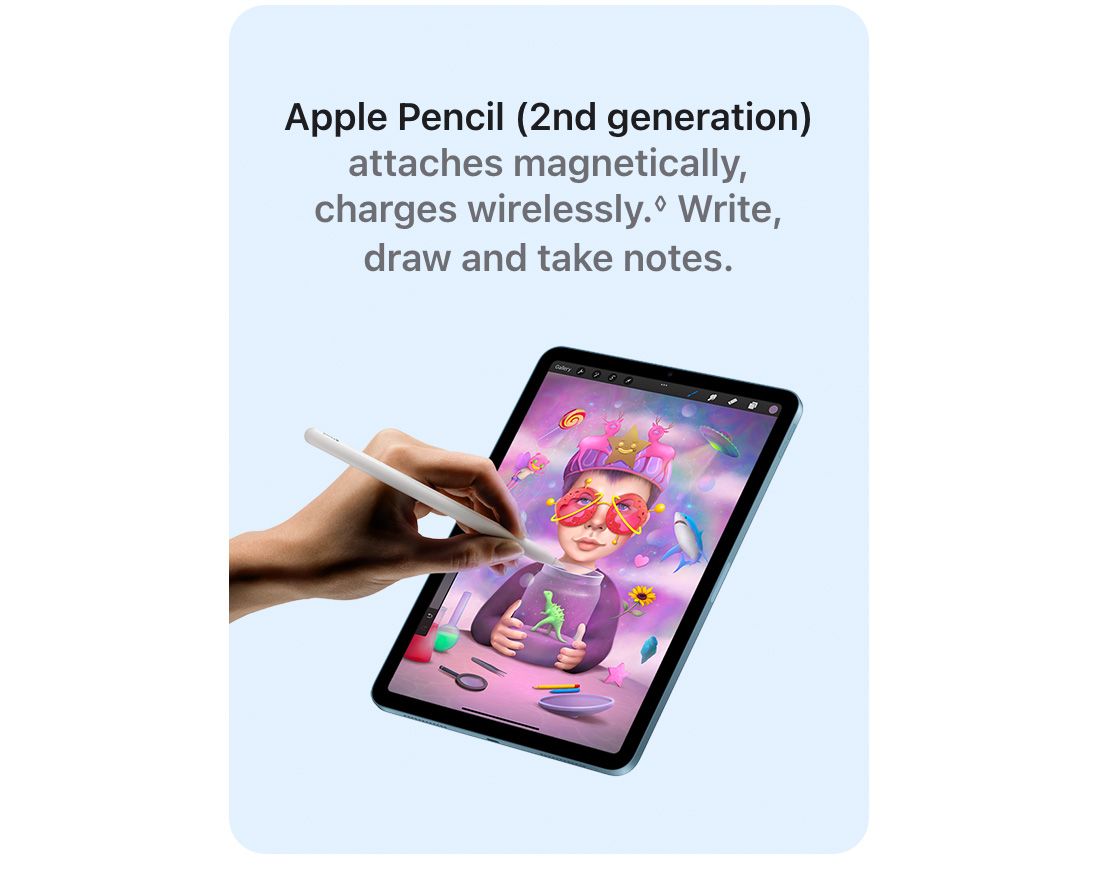 Apple Pencil (2nd generation) attaches magnetically, charges wirelessly.◊Refer to legal disclaimers. Write, draw and take notes.